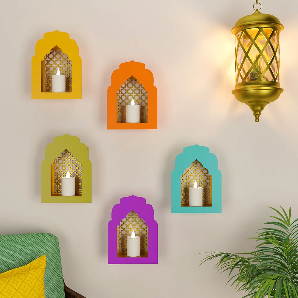 Classic Multicolour 5 Pieces MDF Wood Jharokha Jali Boxes Wall Decor