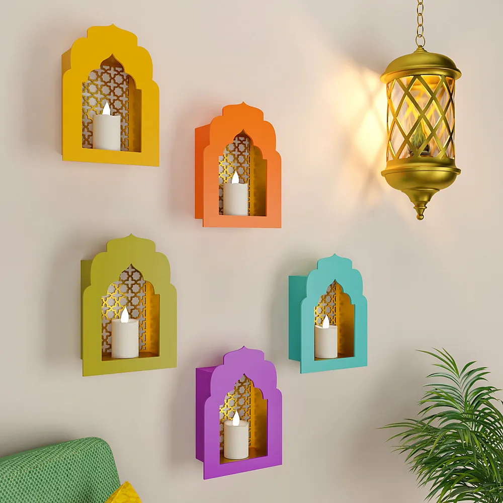 Classic Multicolour 5 Pieces MDF Wood Jharokha Jali Boxes Wall Decor