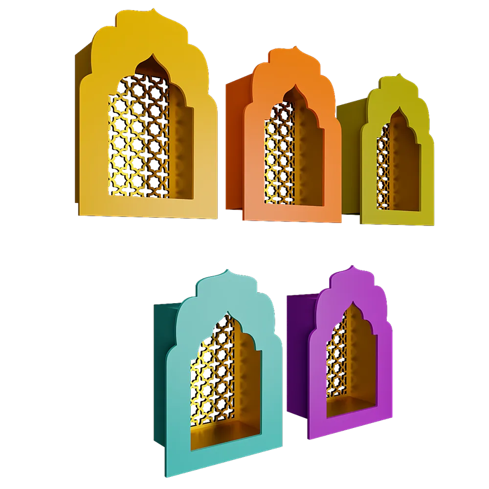 Classic Multicolour 5 Pieces MDF Wood Jharokha Jali Boxes Wall Decor