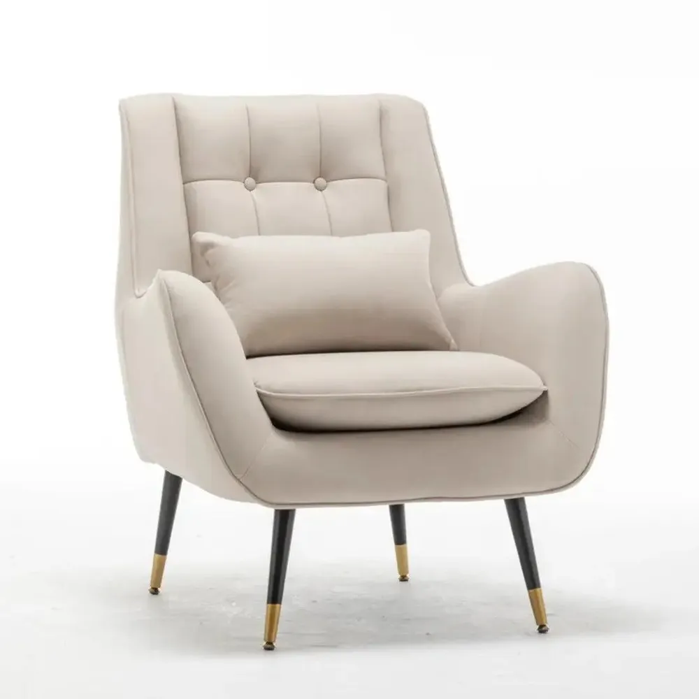 Classic Off-white Thick Padded Velvet Armchair with Cushion Single Piece