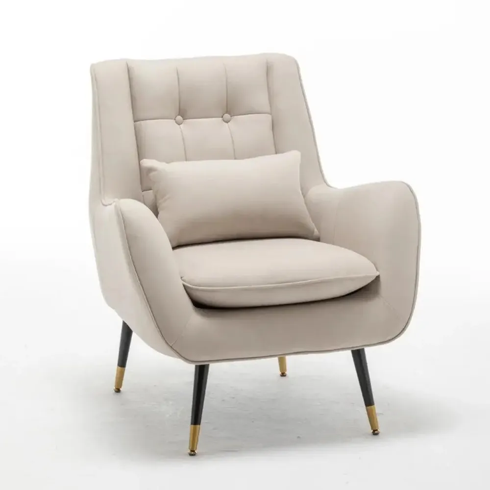 Classic Off-white Thick Padded Velvet Armchair with Cushion Single Piece