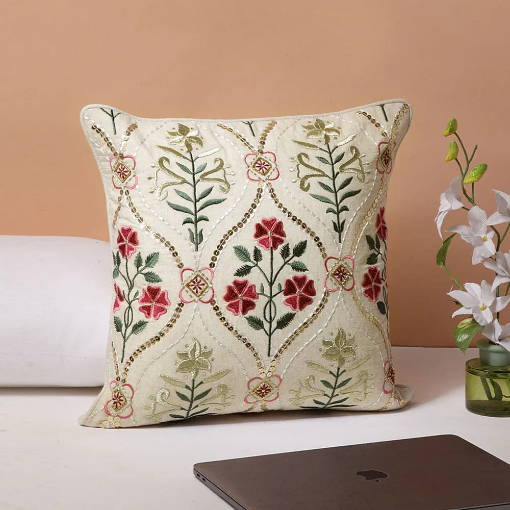Classic Phulwari Multi- Embroidered Square 100% Cotton Cushion Cover Set Of 1