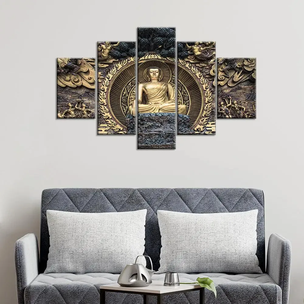 Classical Gautam Buddha Sculpture Wall Painting In Multiple Frame Canvas