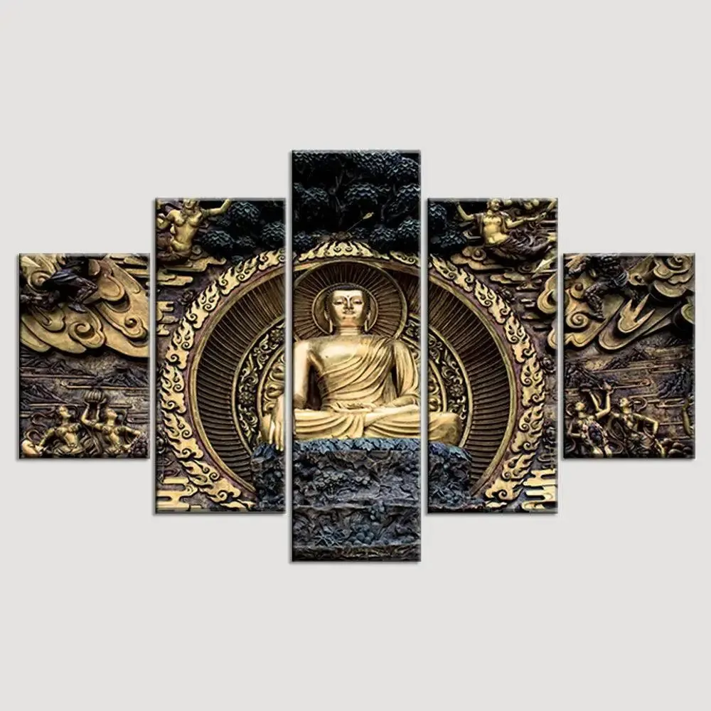 Classical Gautam Buddha Sculpture Wall Painting In Multiple Frame Canvas