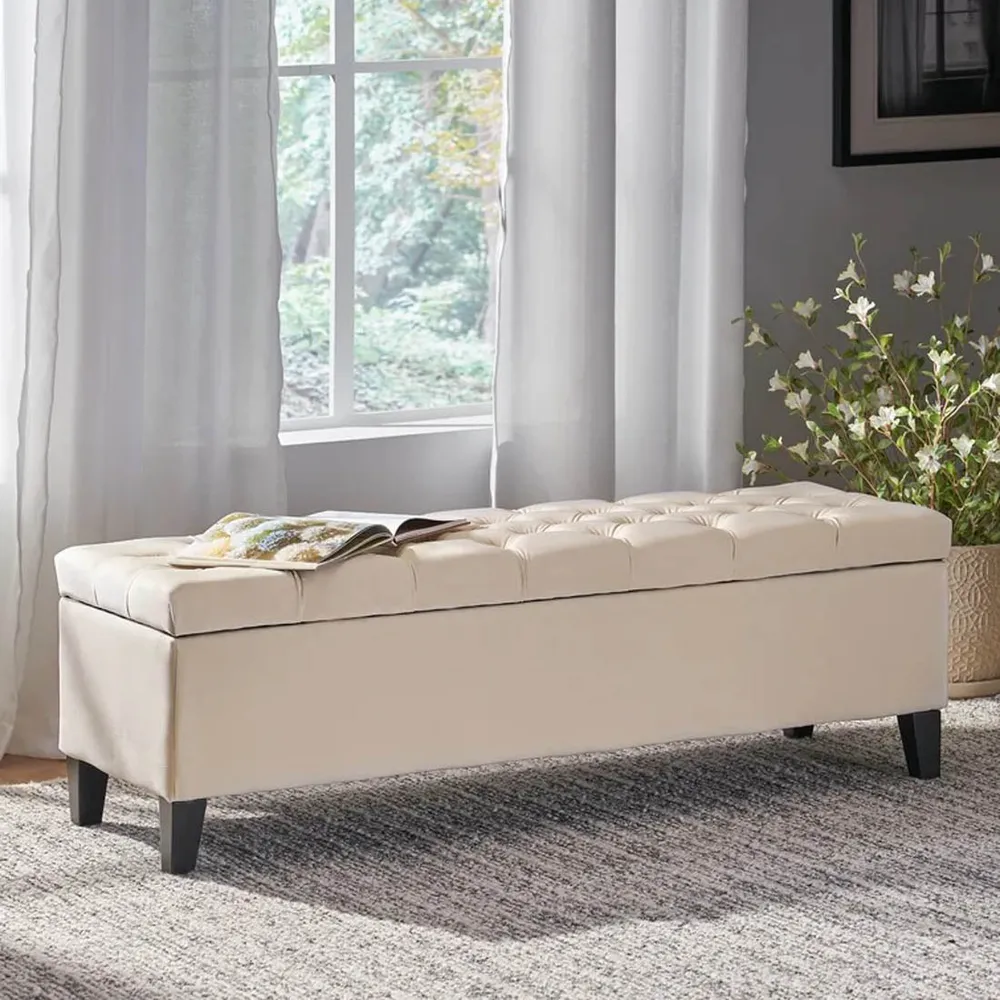 Classy Beige Resilient & Super Soft Luxurious Tufted Velvet Flip Top Storage Bench