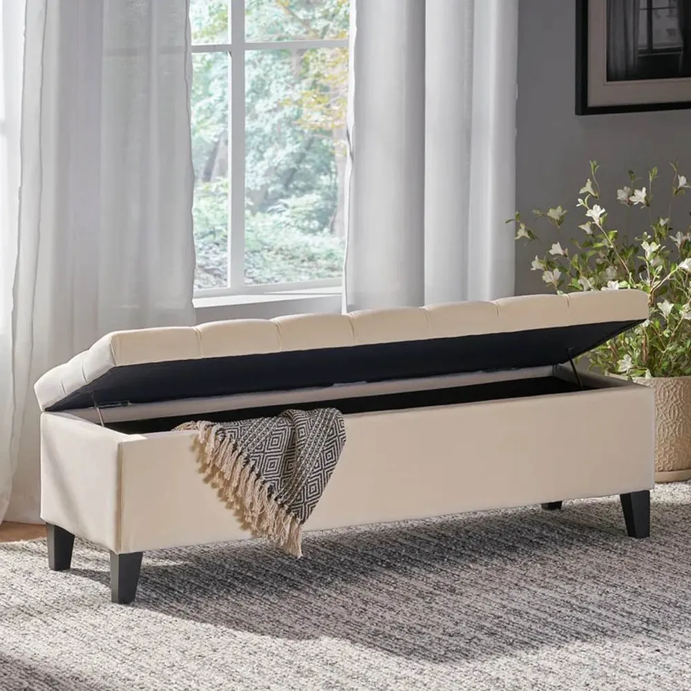 Classy Beige Resilient & Super Soft Luxurious Tufted Velvet Flip Top Storage Bench