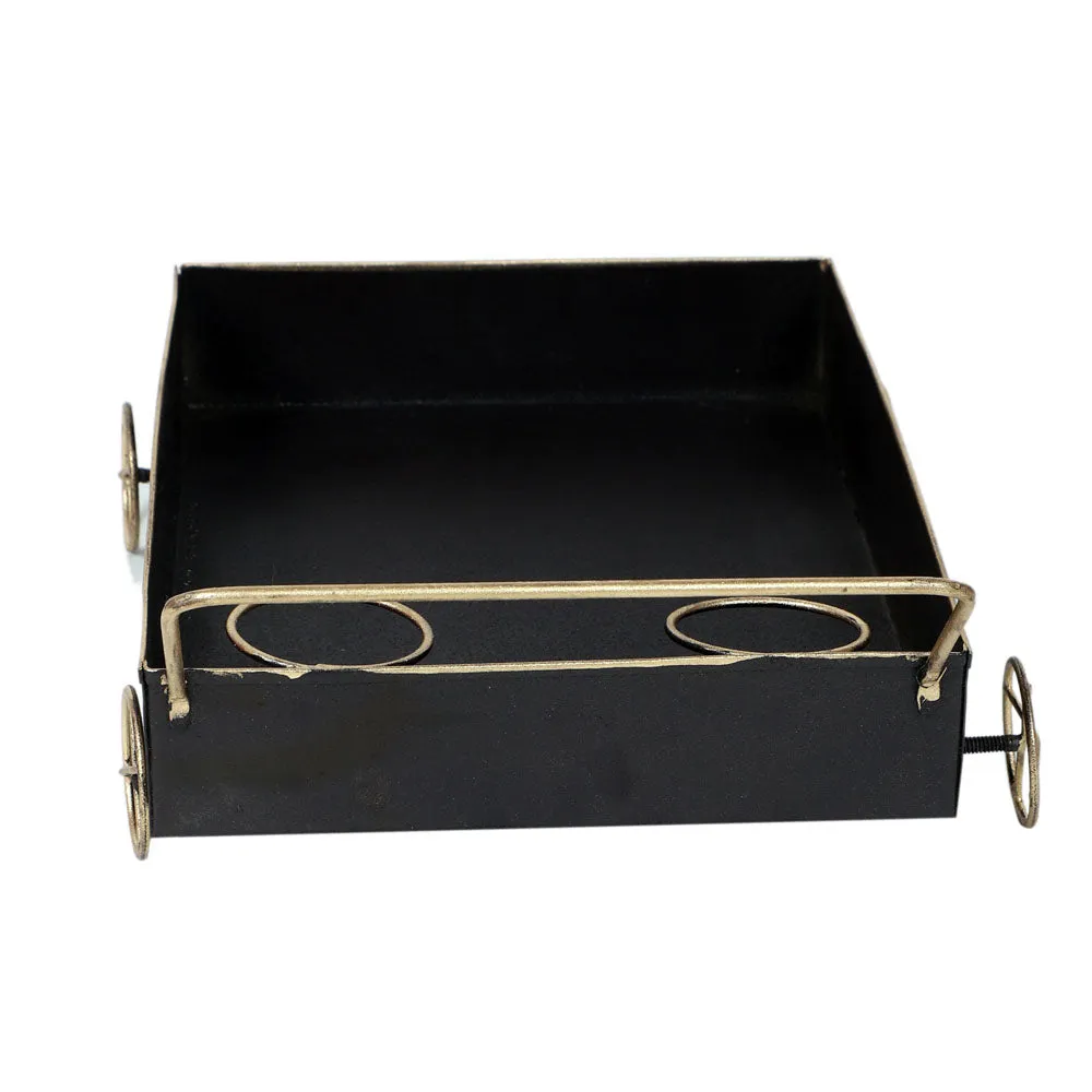 Classy Black Snacks Platter With Golden Wheels & Tea Glass