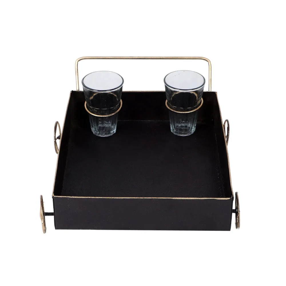 Classy Black Snacks Platter With Golden Wheels & Tea Glass