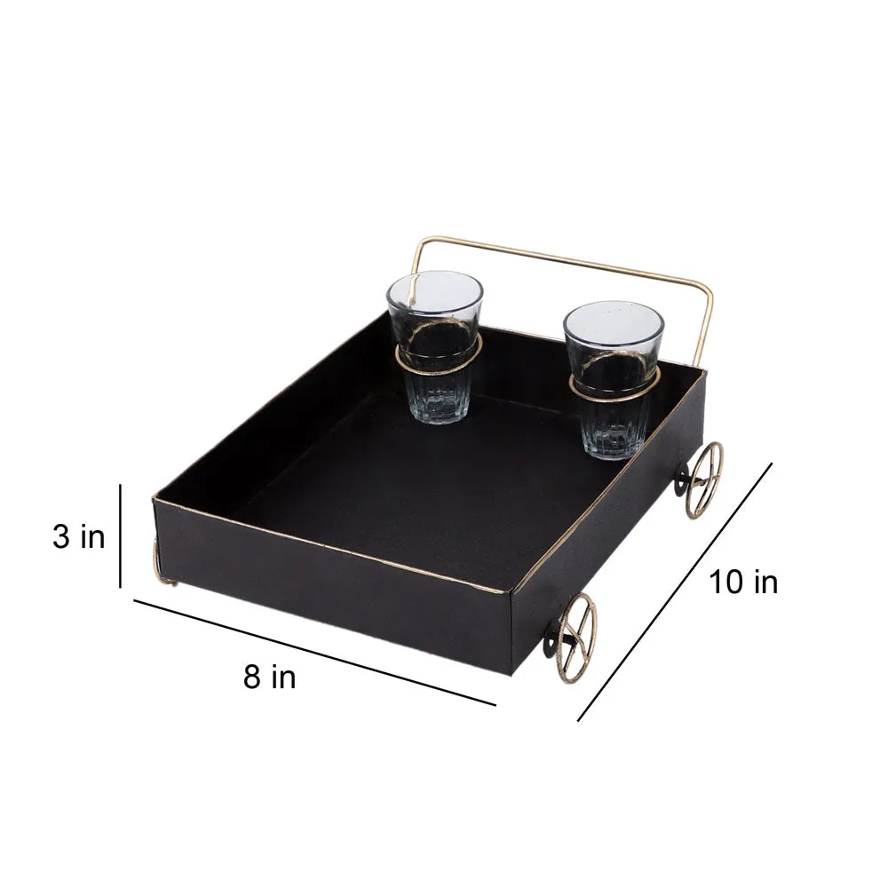 Classy Black Snacks Platter With Golden Wheels & Tea Glass