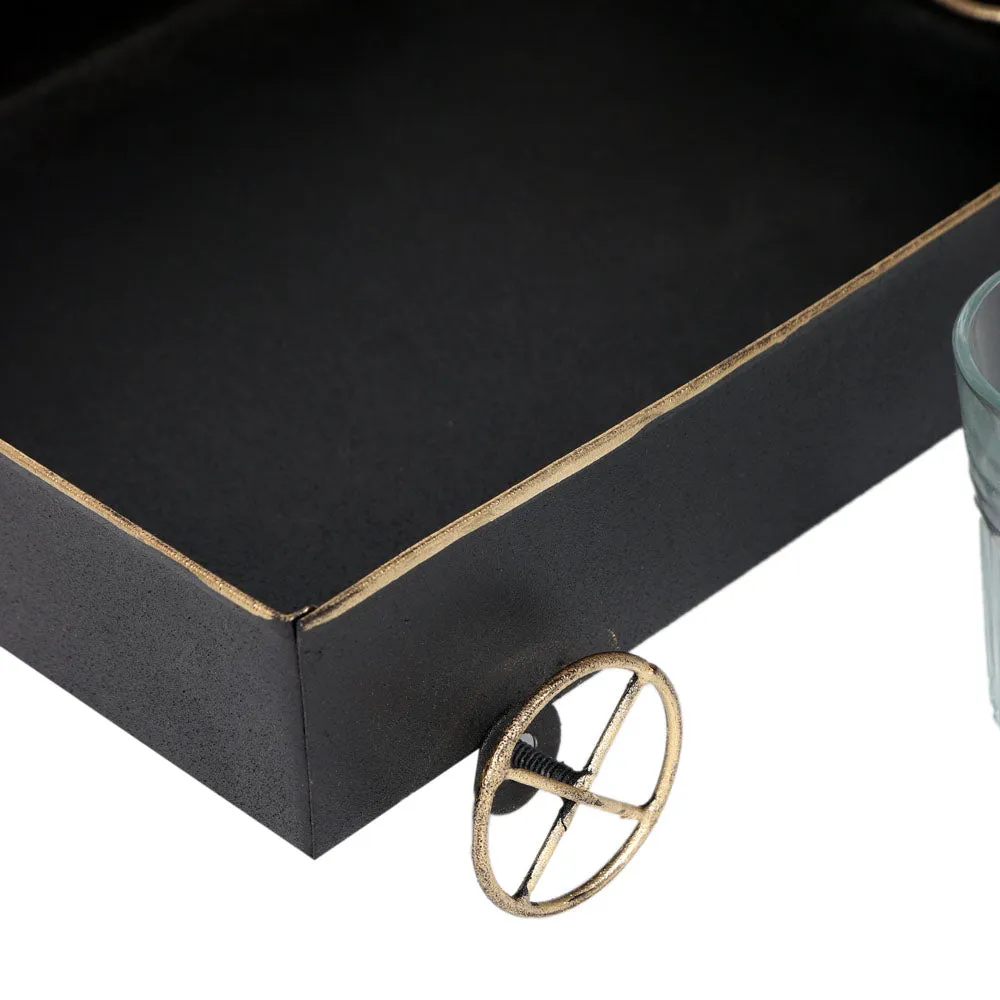 Classy Black Snacks Platter With Golden Wheels & Tea Glass