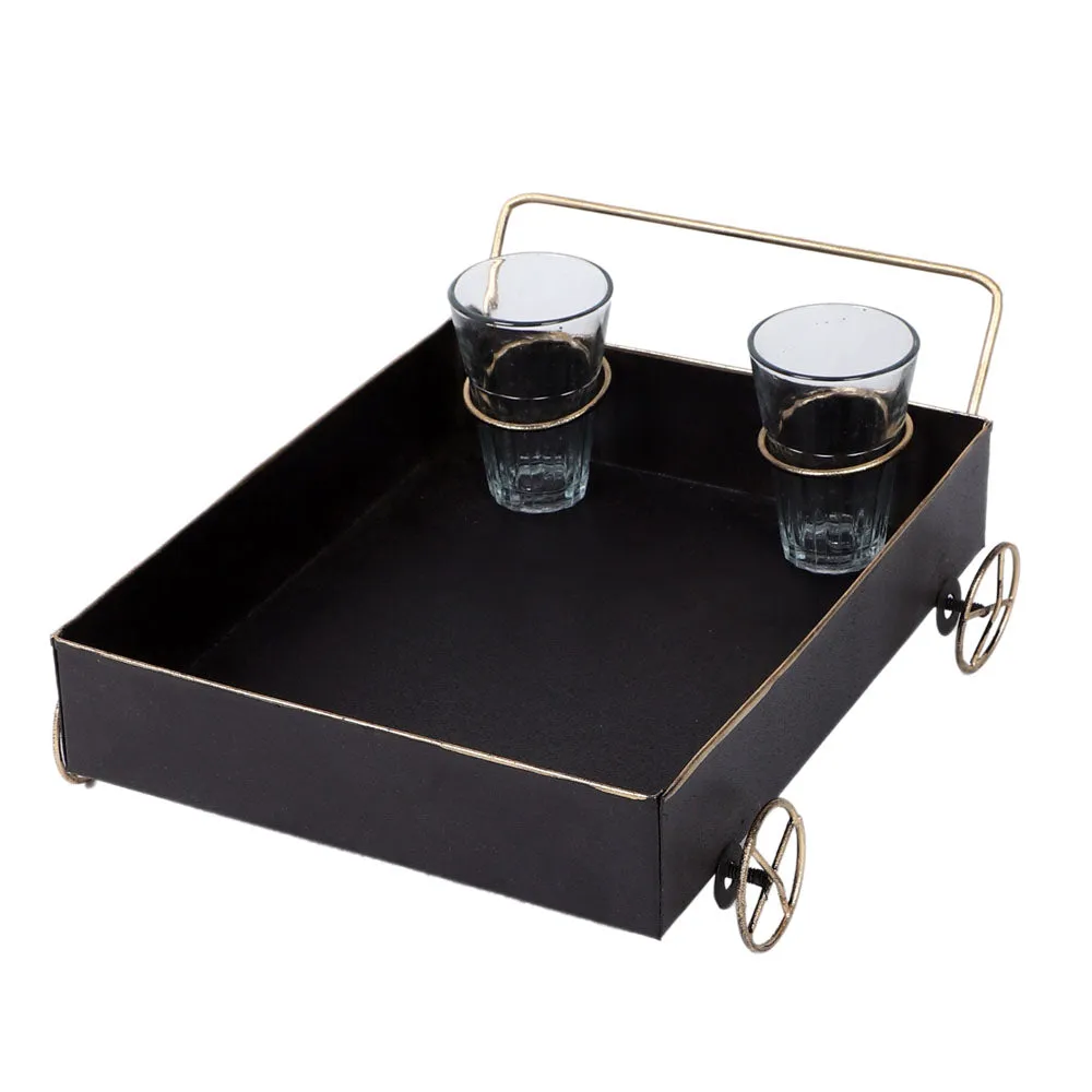 Classy Black Snacks Platter With Golden Wheels & Tea Glass