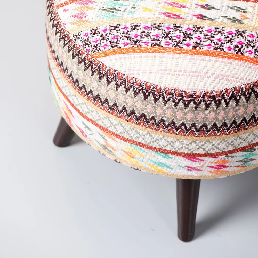 Classy Boho Print Woven Jacquard Colorful Cotton Ottoman Wood Stool Set Of 2