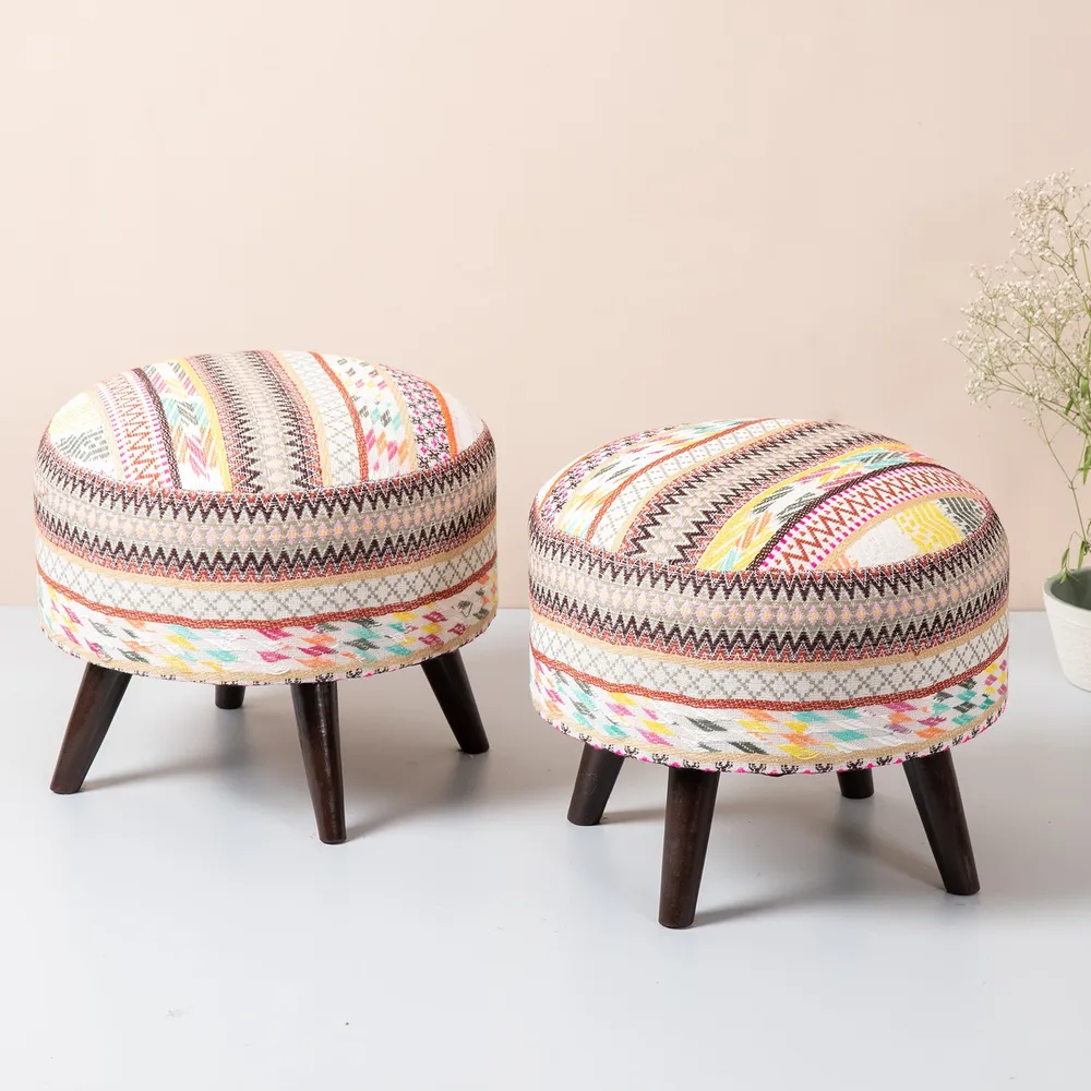 Classy Boho Print Woven Jacquard Colorful Cotton Ottoman Wood Stool Set Of 2