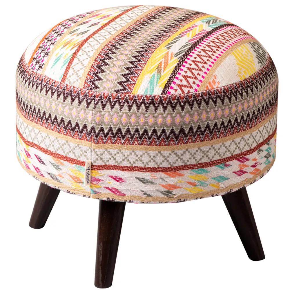 Classy Boho Print Woven Jacquard Colorful Cotton Ottoman Wood Stool Set Of 2