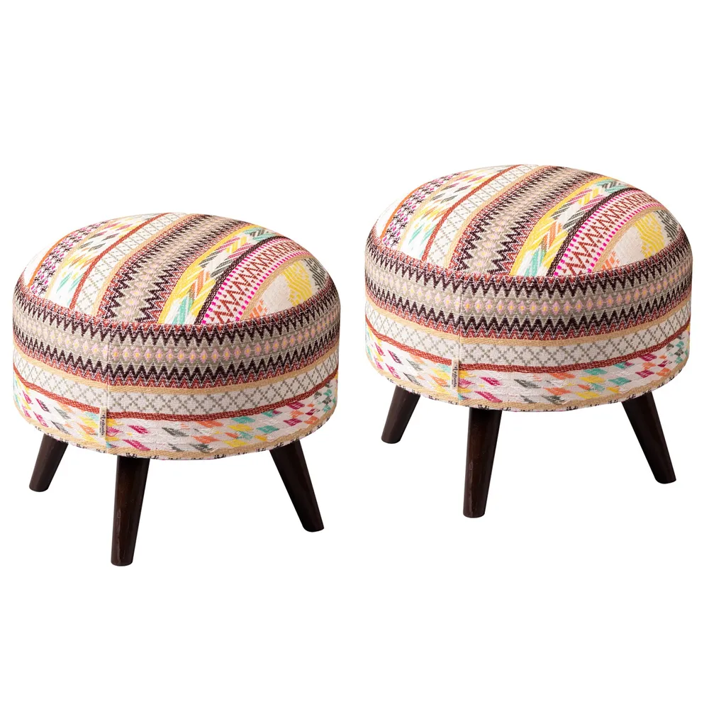 Classy Boho Print Woven Jacquard Colorful Cotton Ottoman Wood Stool Set Of 2