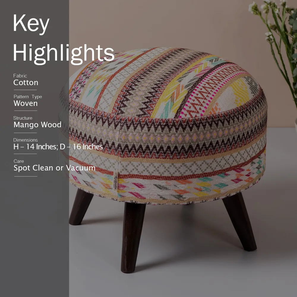 Classy Boho Print Woven Jacquard Colorful Cotton Ottoman Wood Stool Set Of 2