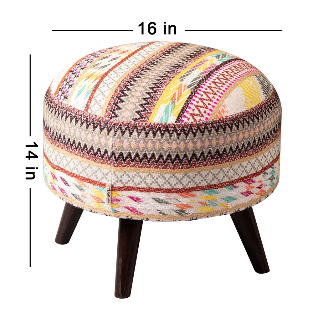 Classy Boho Print Woven Jacquard Colorful Cotton Ottoman Wood Stool Set Of 2