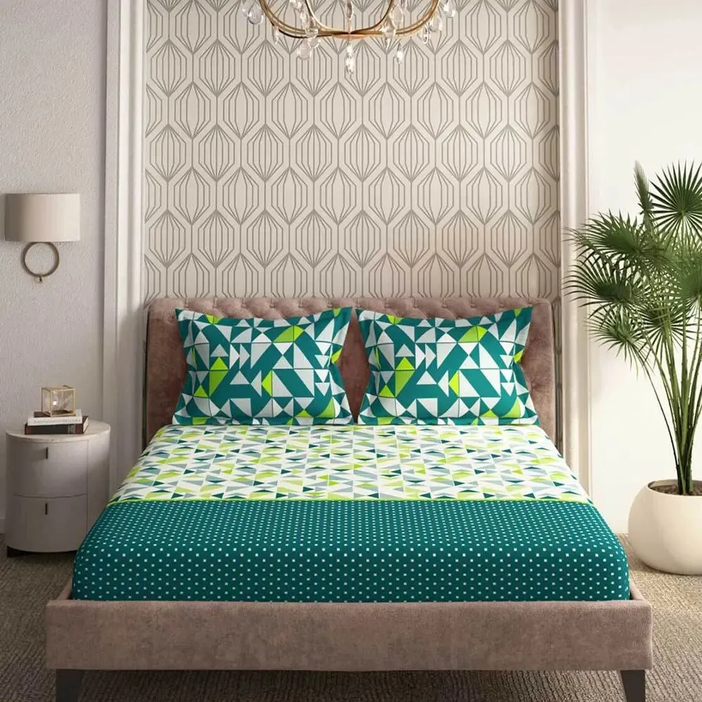 Classy Geometric Printed Magnum Super Soft Cotton King Size Bedsheet with 2 Pillow Covers - 300 Thread Count (Green)
