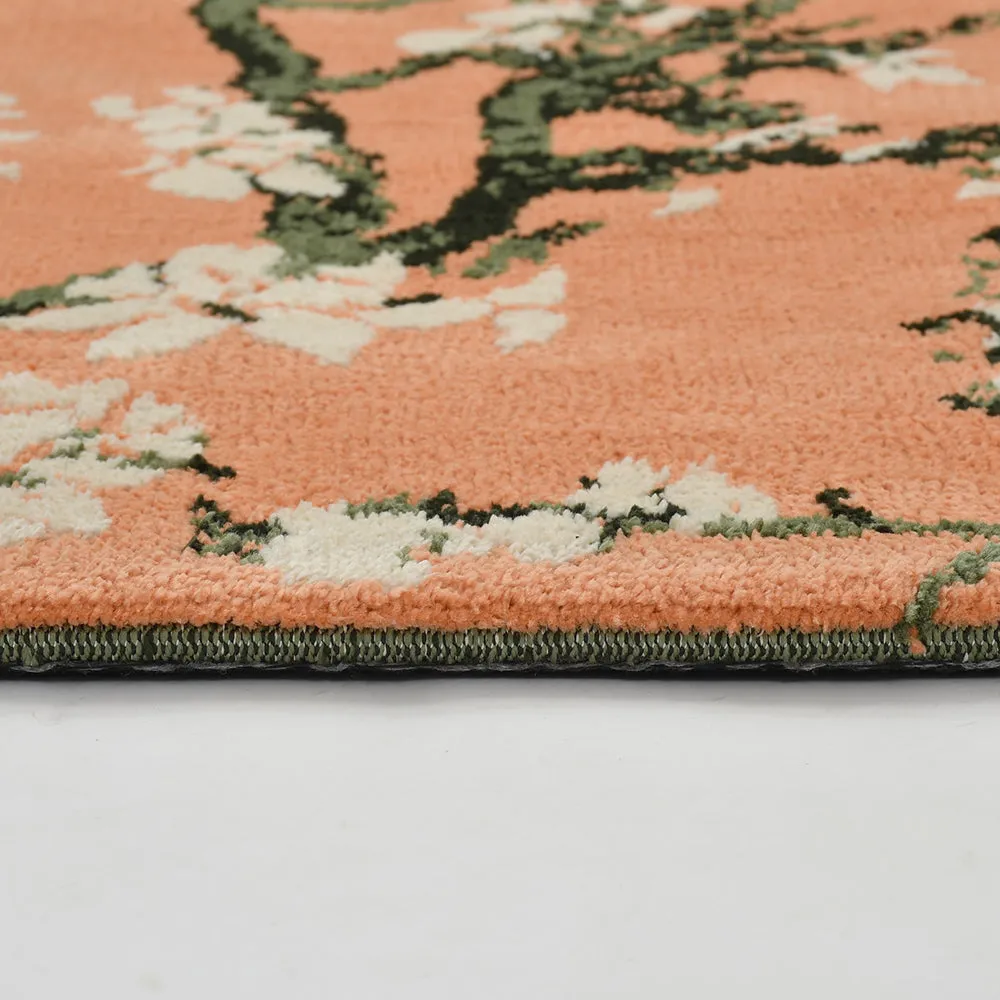 Classy Peach and Green Coloured Floral Print Polyester Carpet 2X5