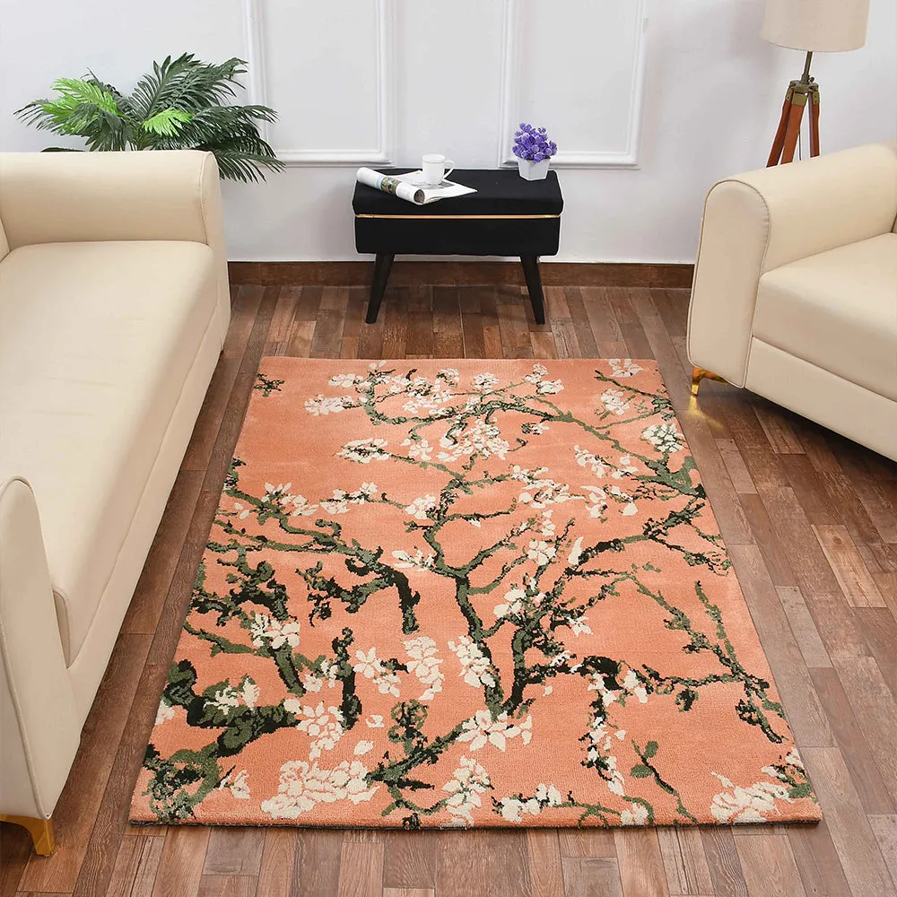 Classy Peach and Green Coloured Floral Print Polyester Carpet 2X5