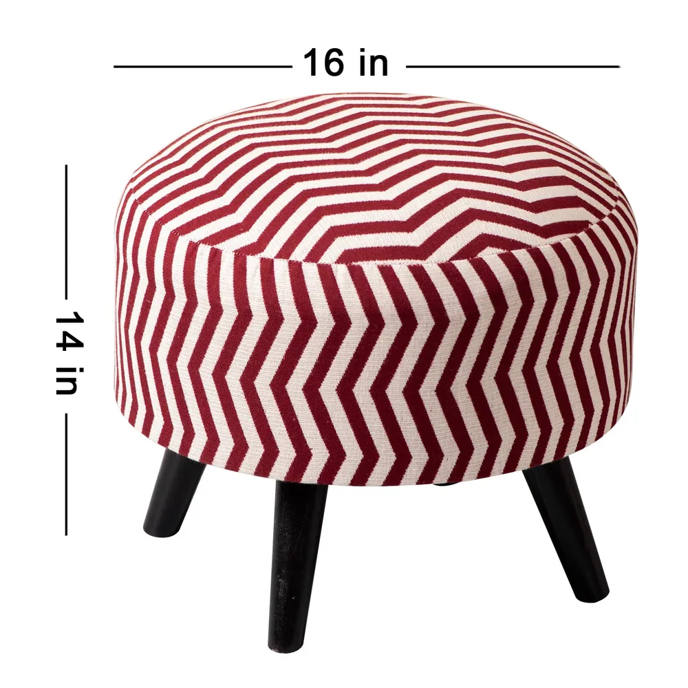 Classy Zig Zag Print Woven Jacquard Red& White Cotton Ottoman Wood Stool Set Of 2