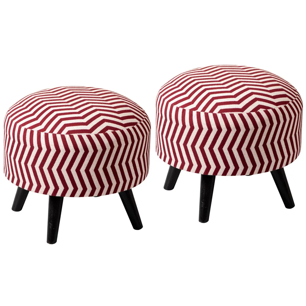 Classy Zig Zag Print Woven Jacquard Red& White Cotton Ottoman Wood Stool Set Of 2