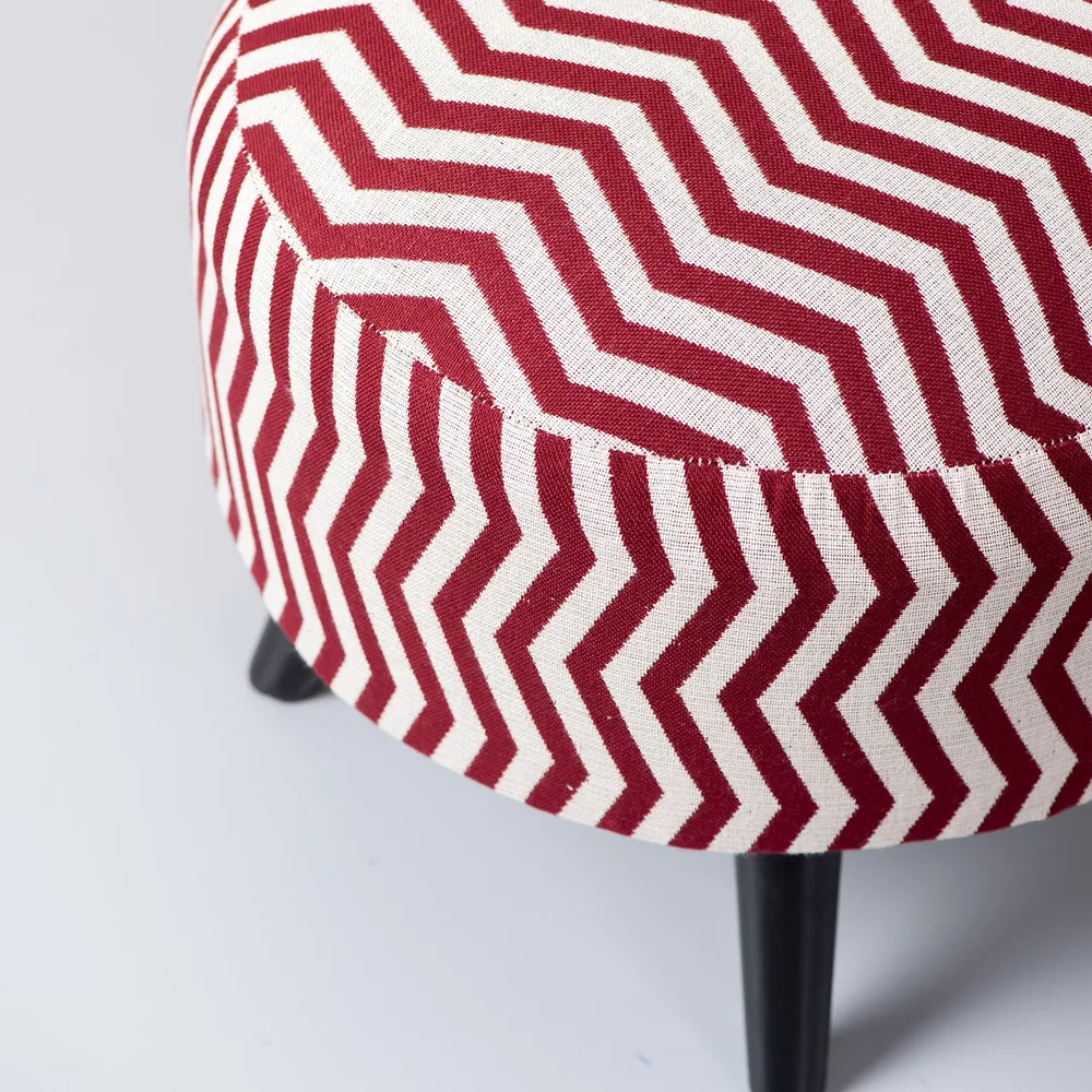 Classy Zig Zag Print Woven Jacquard Red& White Cotton Ottoman Wood Stool Set Of 2