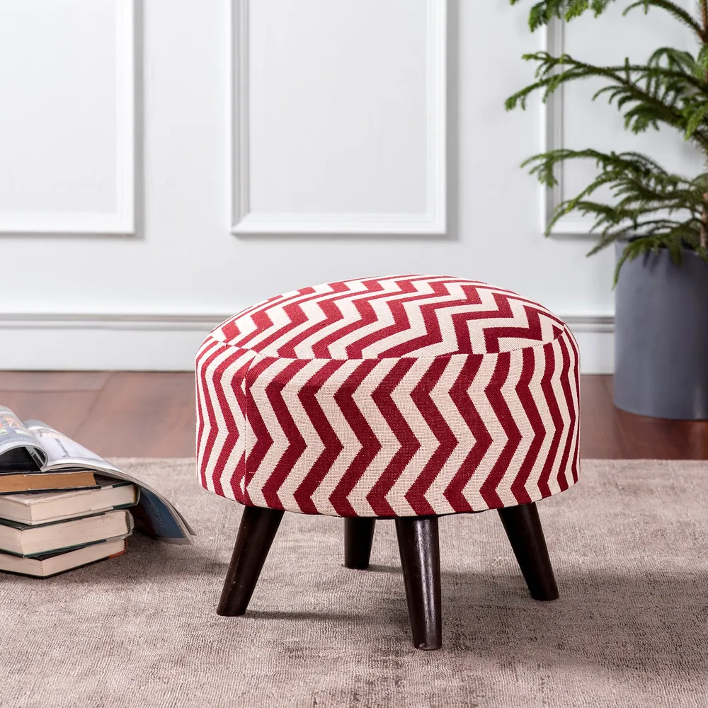 Classy Zig Zag Print Woven Jacquard Red& White Cotton Ottoman Wood Stool Set Of 2