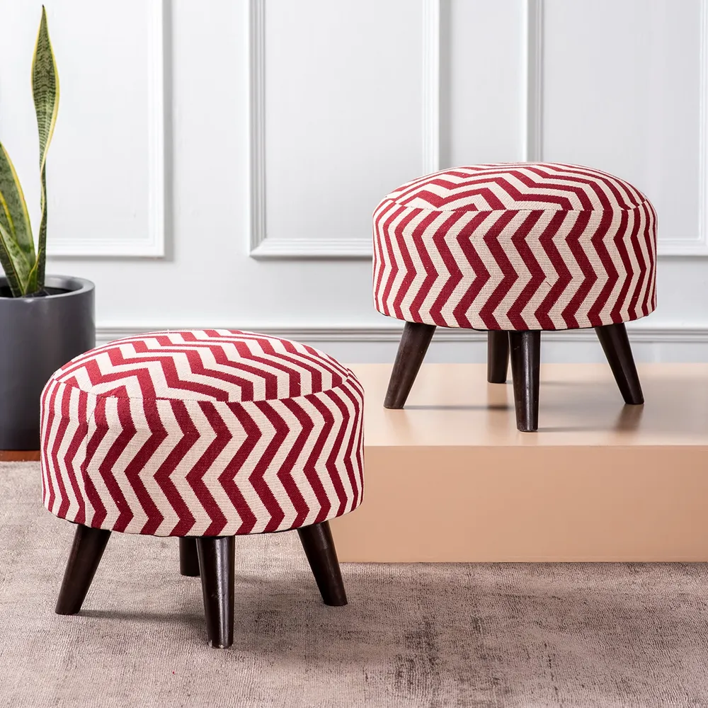 Classy Zig Zag Print Woven Jacquard Red& White Cotton Ottoman Wood Stool Set Of 2
