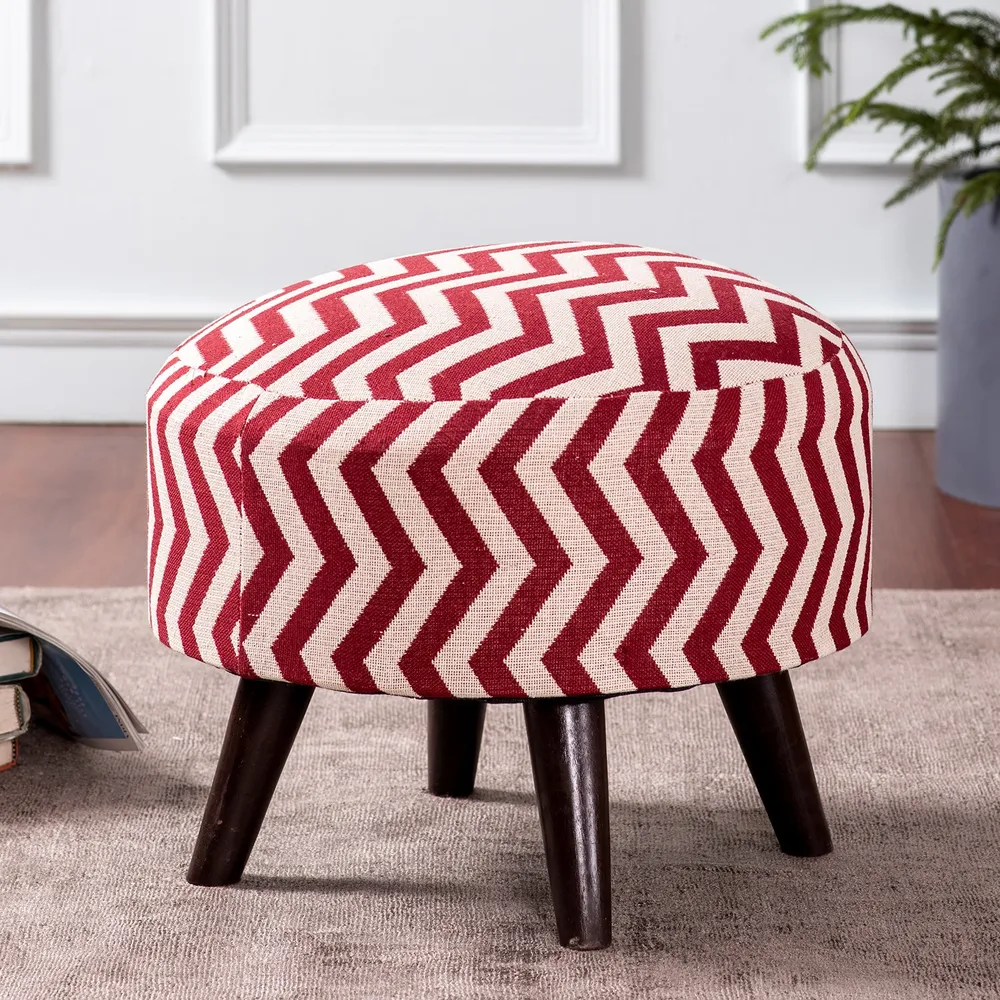 Classy Zig Zag Print Woven Jacquard Red& White Cotton Upholstered Ottoman Wood Stool