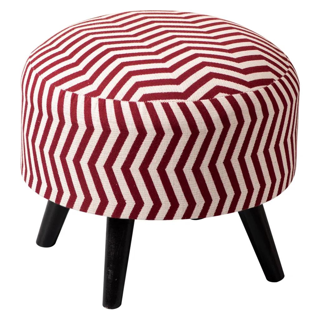 Classy Zig Zag Print Woven Jacquard Red& White Cotton Upholstered Ottoman Wood Stool