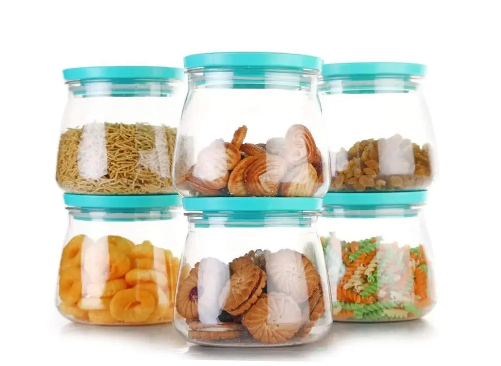 Clear Glass Kitchen Storage Container With Airtight Blue Metal Lid Set Of 6 (800 ml)
