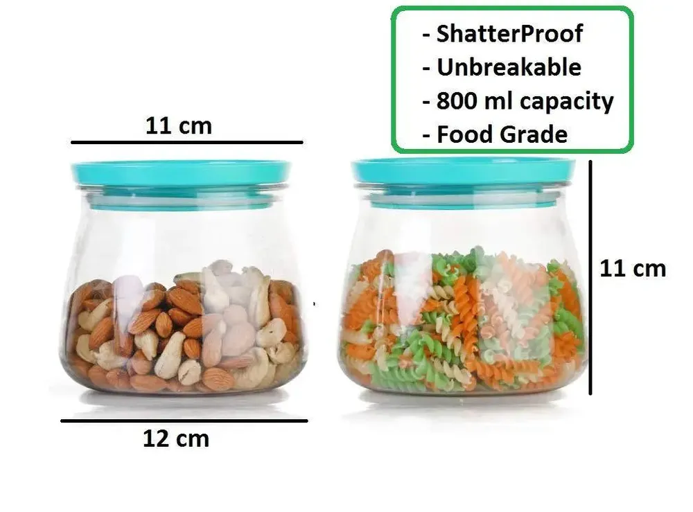 Clear Glass Kitchen Storage Container With Airtight Blue Metal Lid Set Of 6 (800 ml)