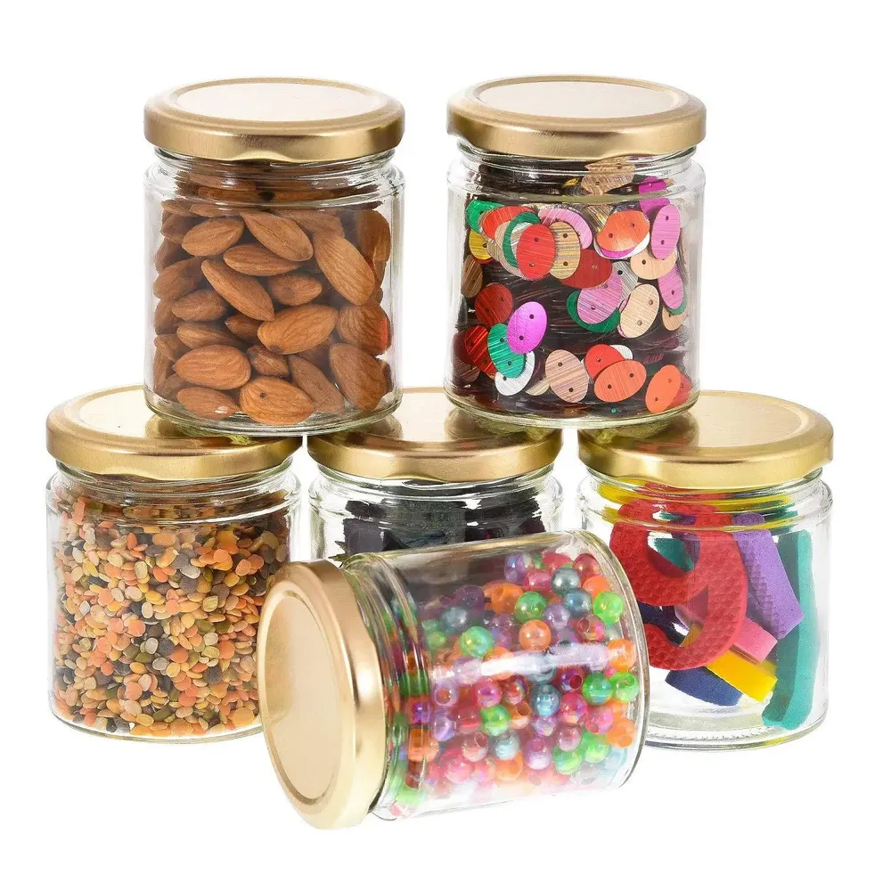 Clear Glass Round Airtight Kitchen Storage Container Set With Golden Lid Set Of 6 (200 ml)