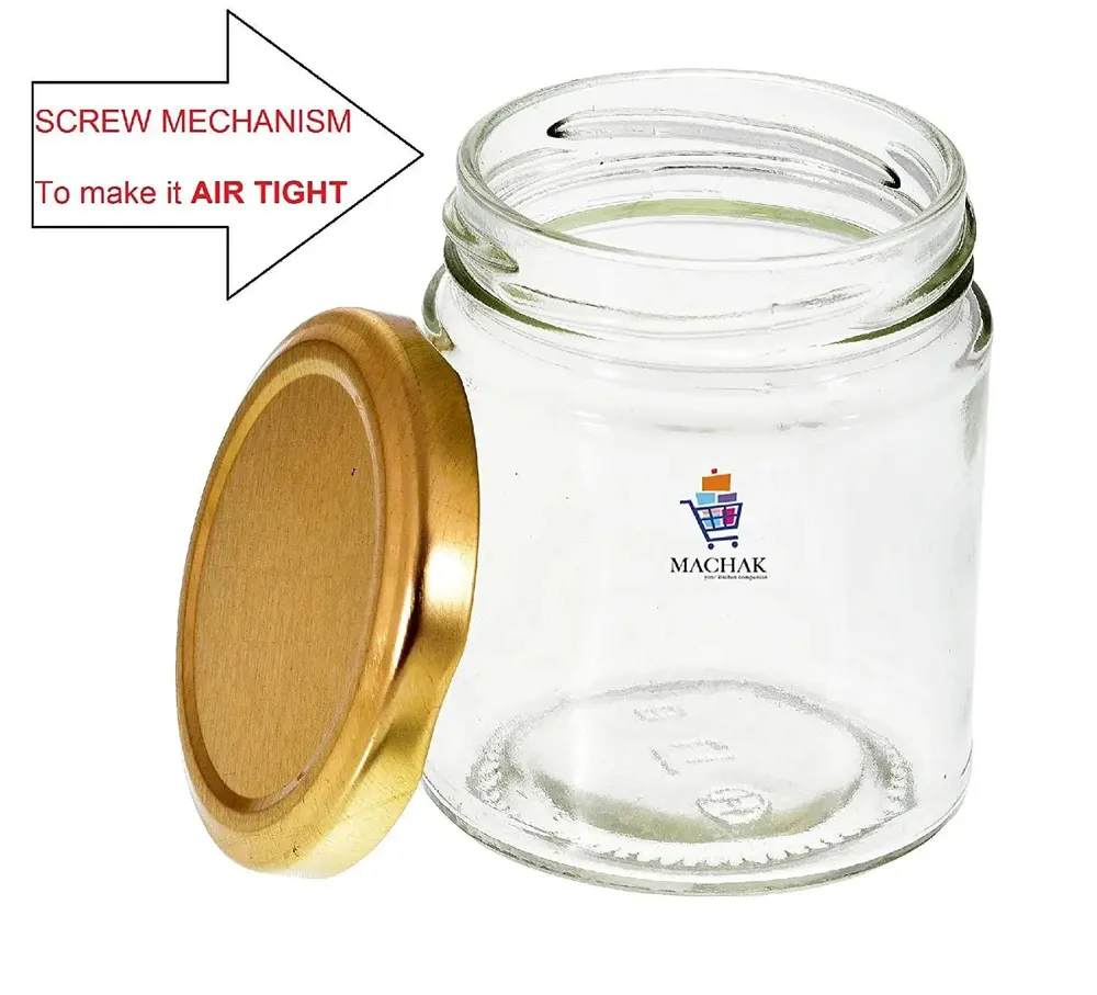 Clear Glass Round Airtight Kitchen Storage Container Set With Golden Lid Set Of 6 (200 ml)
