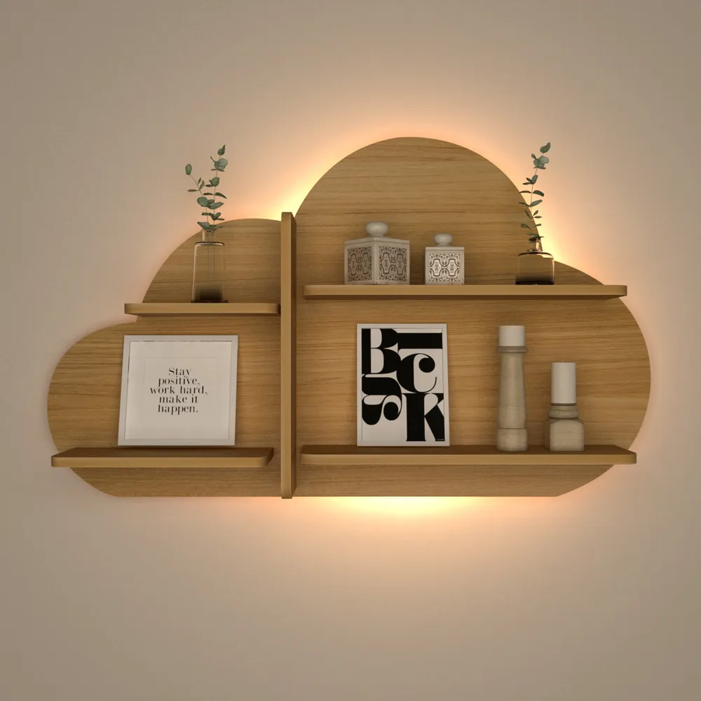 Cloud Shape Backlit Wood Wall Shelf / Book Shelf / Night Light, Light Oak Finish Regular ( 32 inches x 19 inches )