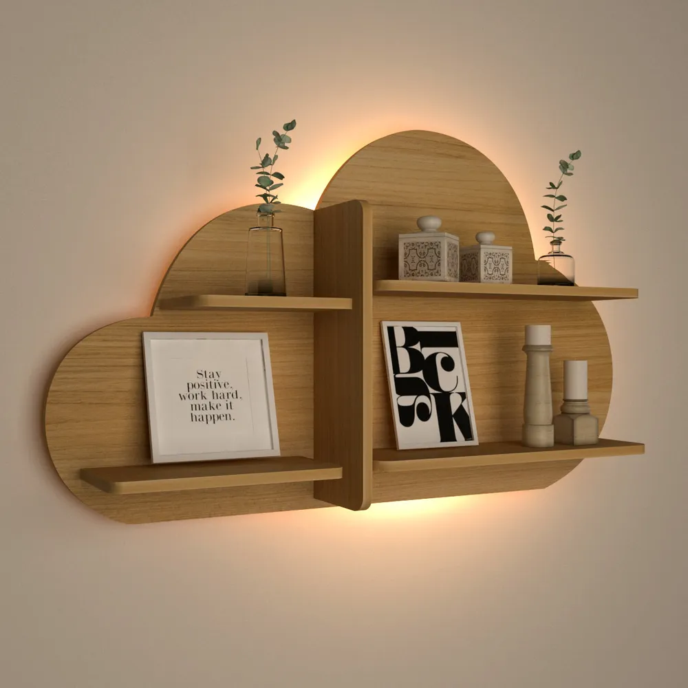 Cloud Shape Backlit Wood Wall Shelf / Book Shelf / Night Light, Light Oak Finish Regular ( 32 inches x 19 inches )