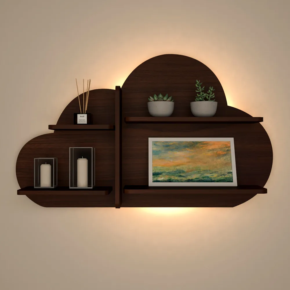 Cloud Shape Backlit Wood Wall Shelf / Book Shelf / Night Light, Walnut Finish Regular ( 32 inches x 19 inches )