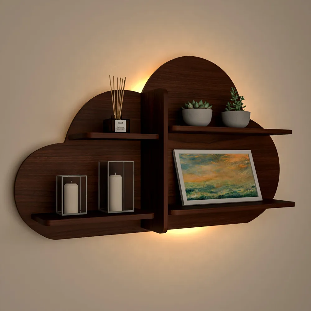Cloud Shape Backlit Wood Wall Shelf / Book Shelf / Night Light, Walnut Finish Regular ( 32 inches x 19 inches )