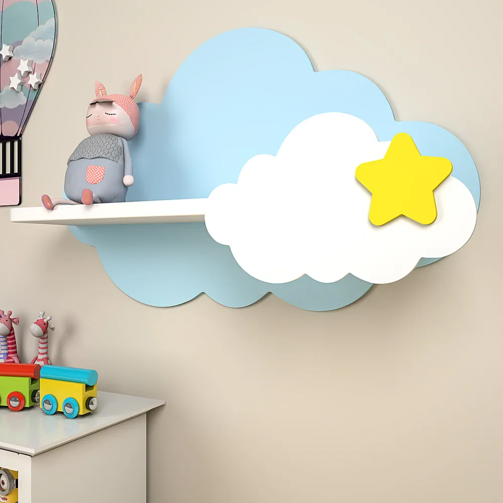 Cloud-Shaped Wooden Wall Shelf for Kids (Blue &amp; White)