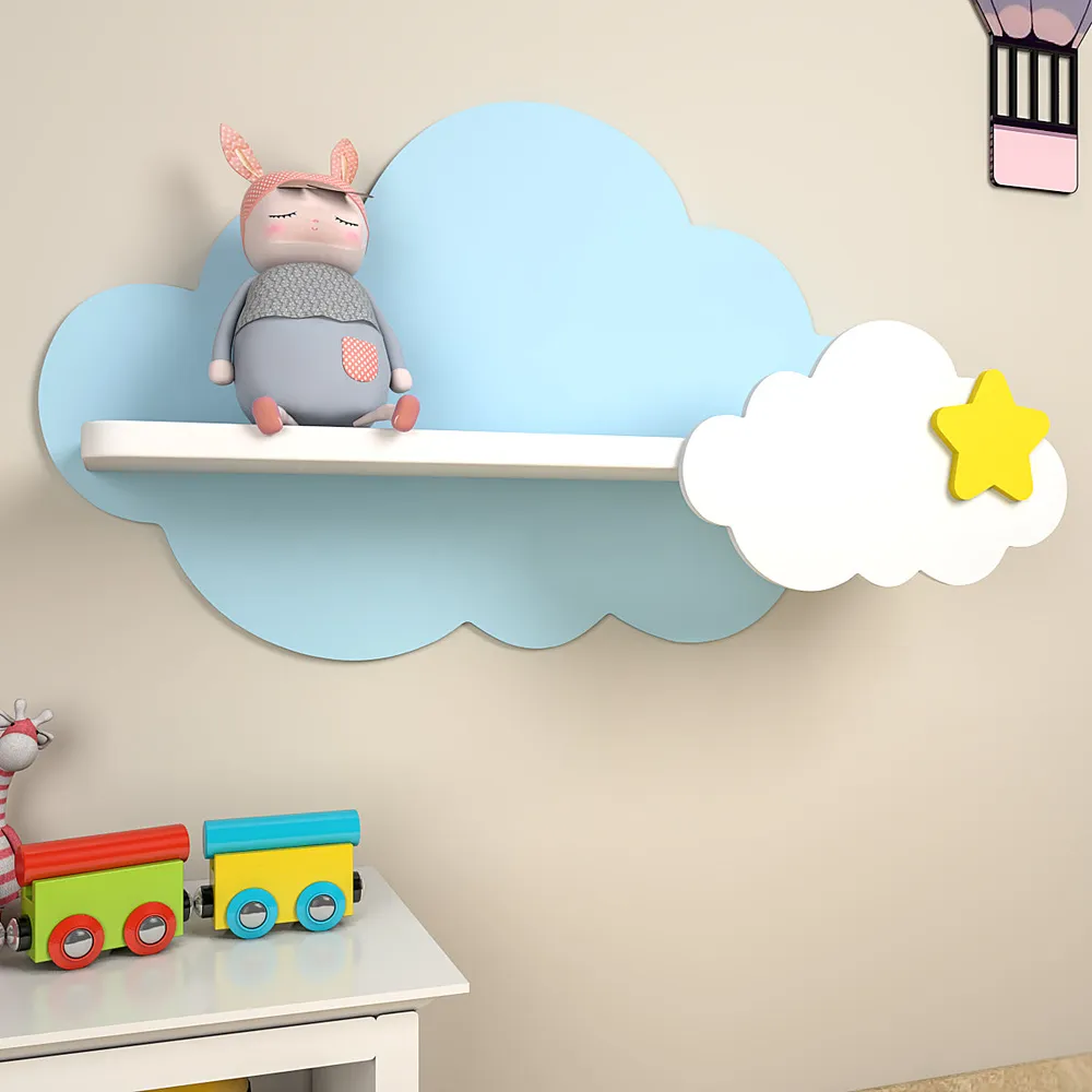 Cloud-Shaped Wooden Wall Shelf for Kids (Blue &amp; White)