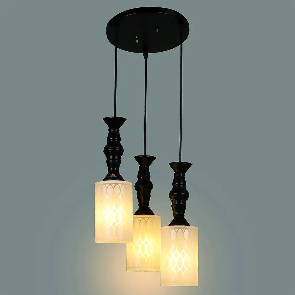 Clustered Glass Black Hanging Lights (Pack of 3, White)