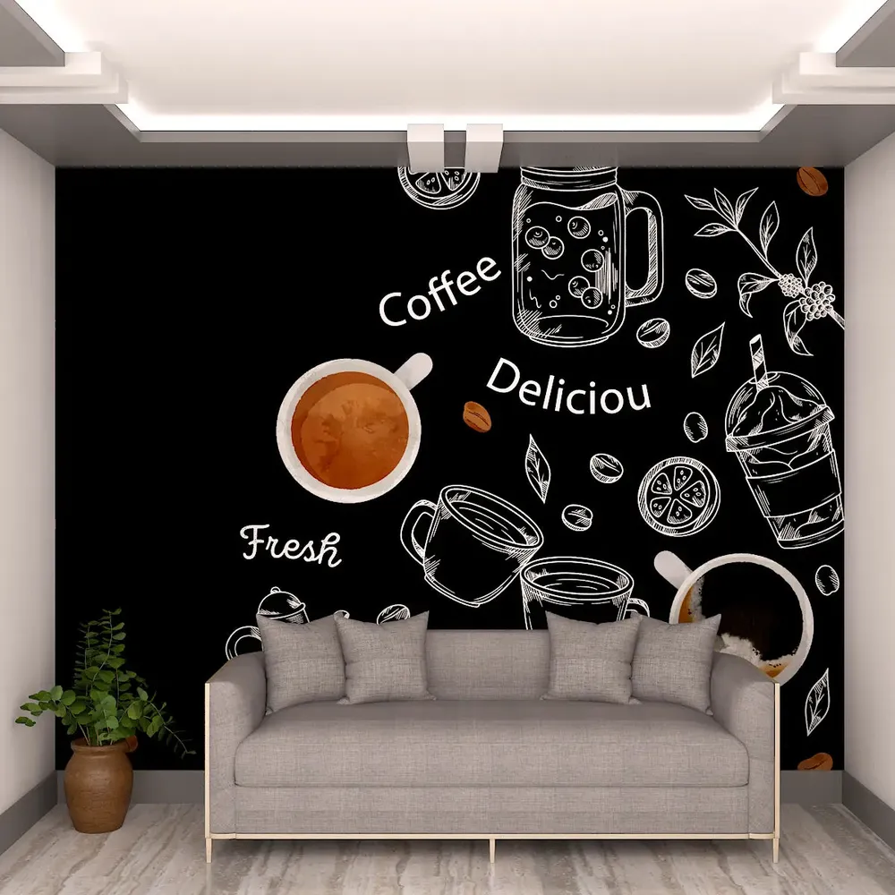 Coffee Restaurant Mural Wallpaper / High Quality HP Woven WallPaper /  size 12 ft x 10 ft