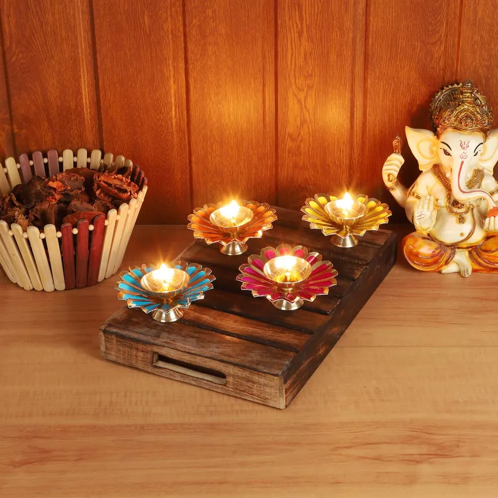 Colored Crafted Floral Brass Diyas Set Of 4