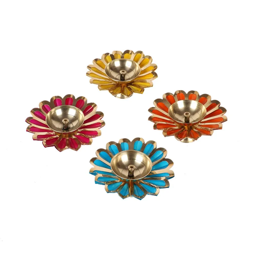 Colored Crafted Floral Brass Diyas Set Of 4