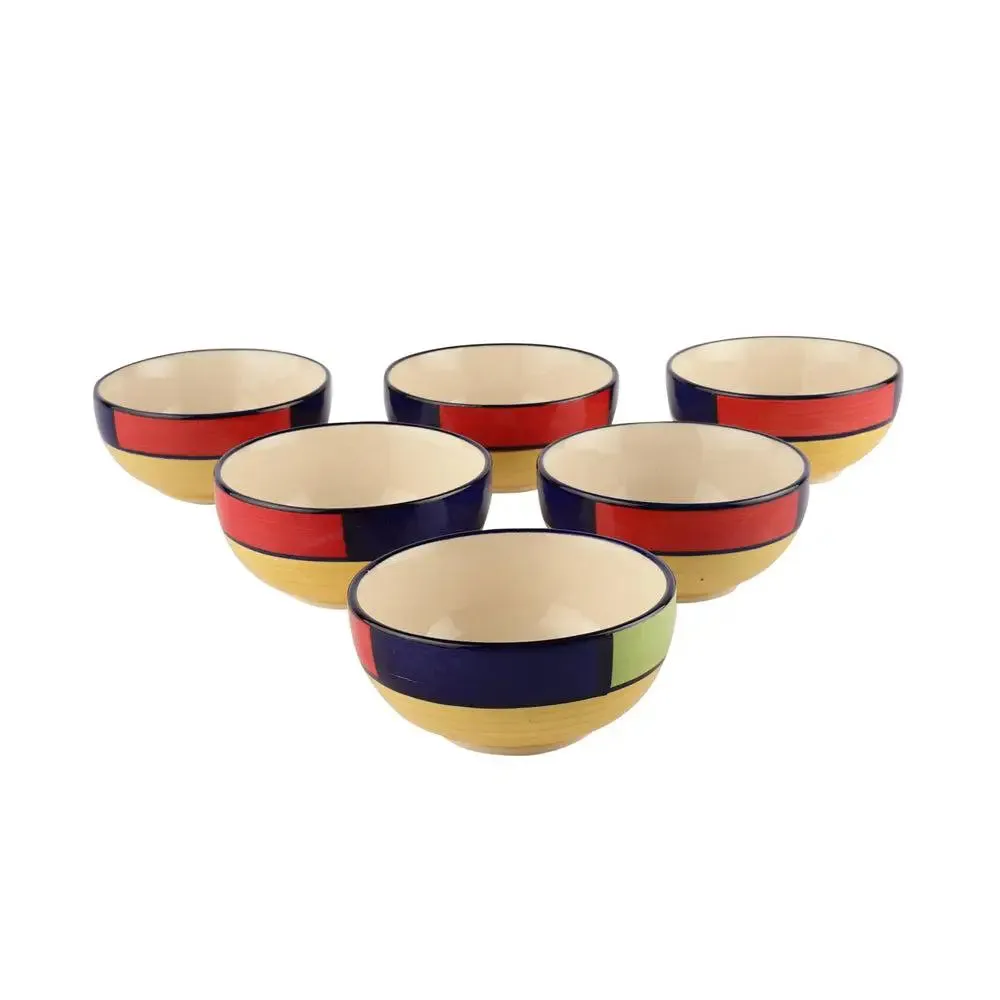 Colorful Bordered Handpainted Designer Ceramic Bowl Set With Handle Set Of 6