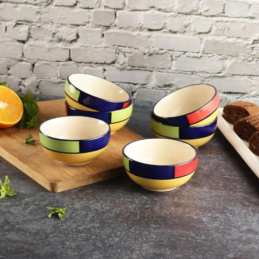 Colorful Bordered Handpainted Designer Ceramic Bowl Set With Handle Set Of 6