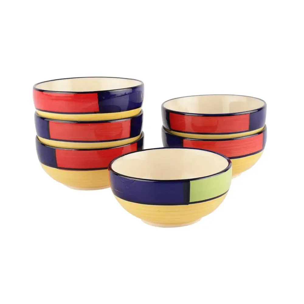 Colorful Bordered Handpainted Designer Ceramic Bowl Set With Handle Set Of 6