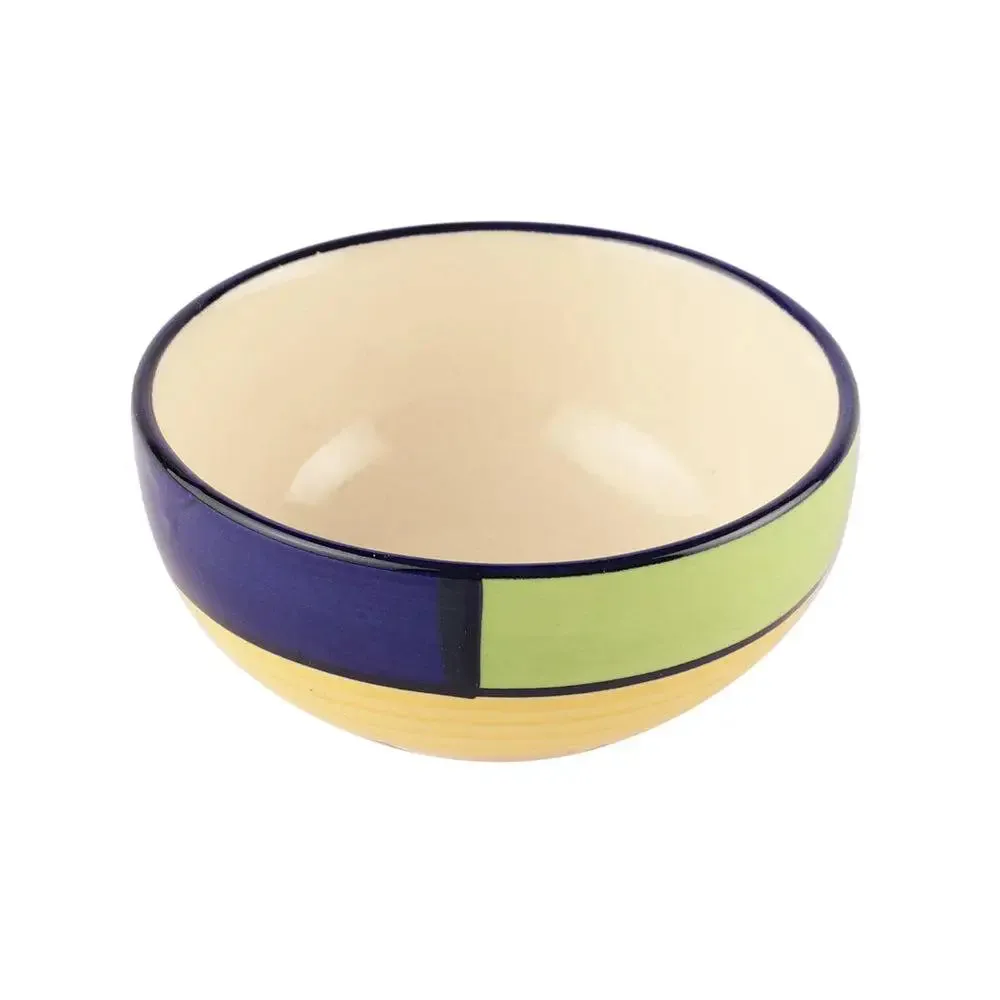 Colorful Bordered Handpainted Designer Ceramic Bowl Set With Handle Set Of 6