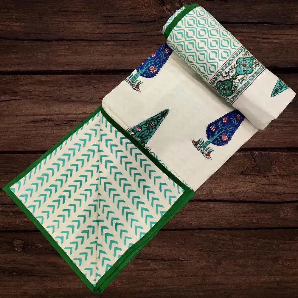 Colorful Cristmas Tree Motif Hand Block Printed Single Bed Cotton Dohar